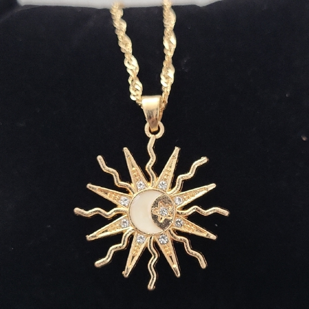 Gold Sun and Crescent Moon Pendant Necklace with Crystal Accents
